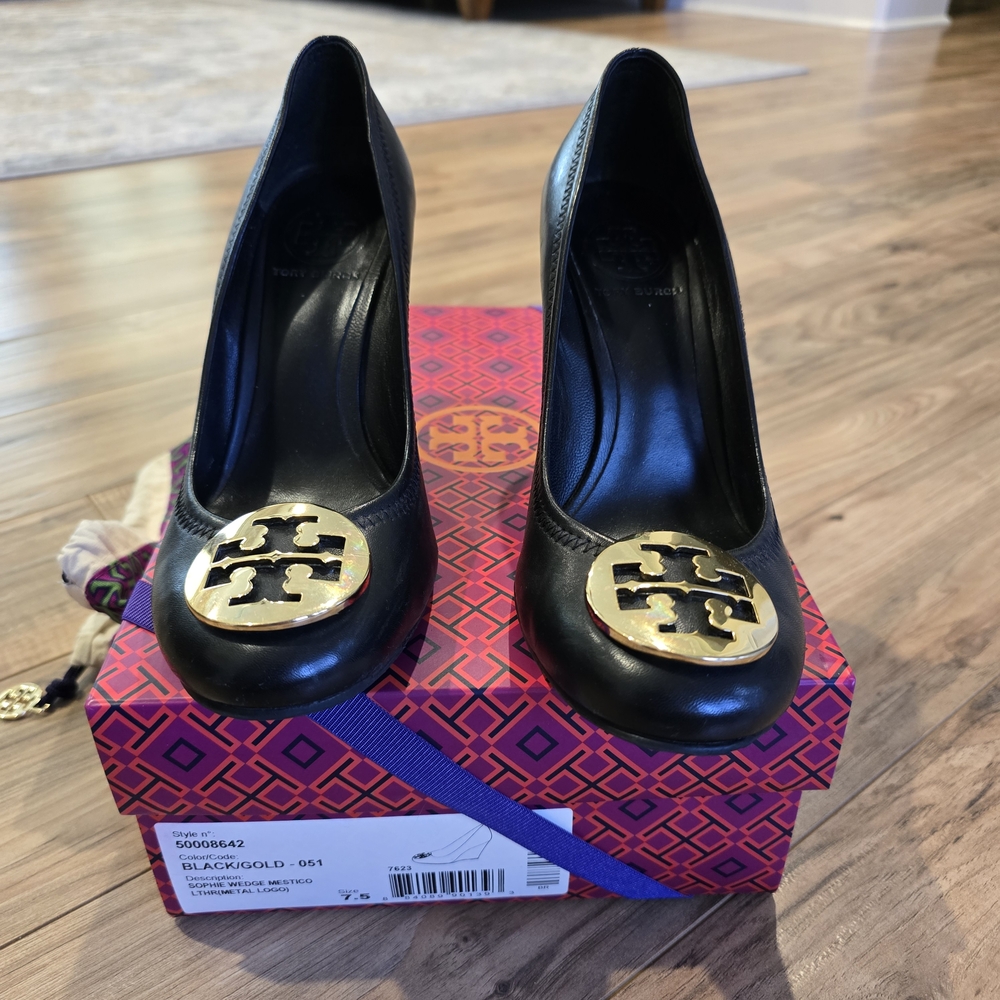 Tory Burch Black and Gold Women's Wedges 7.5